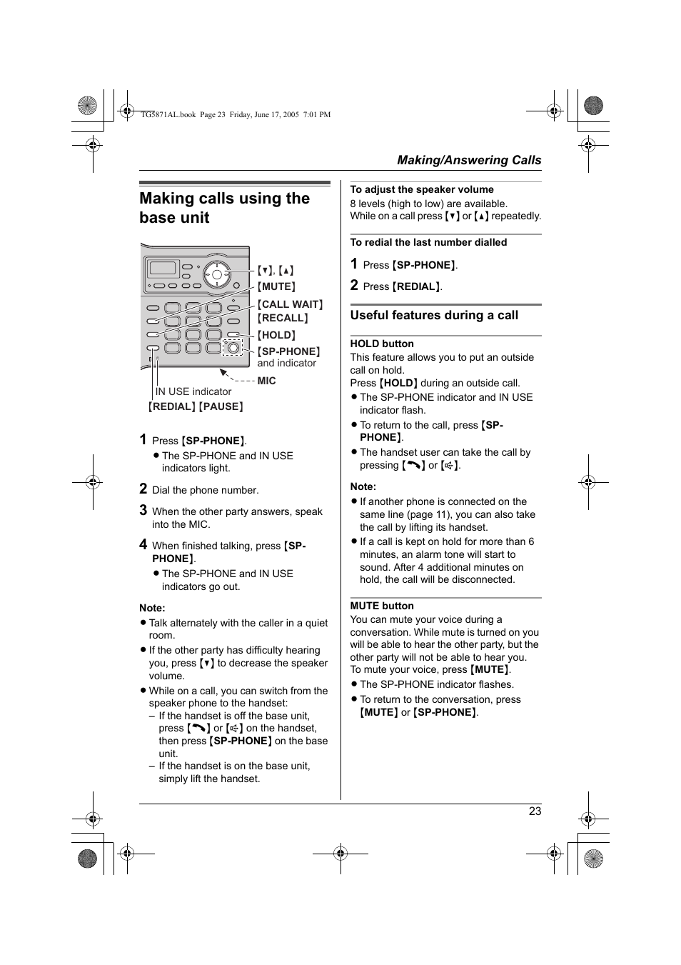 Making calls using the base unit | Panasonic KX-TG5871AL User Manual | Page 23 / 88