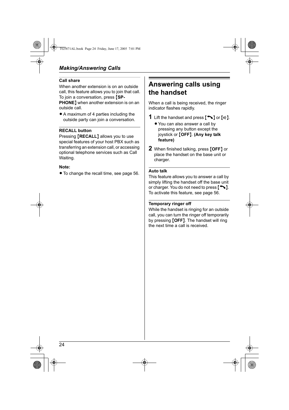 Answering calls using the handset | Panasonic KX-TG5871AL User Manual | Page 24 / 88