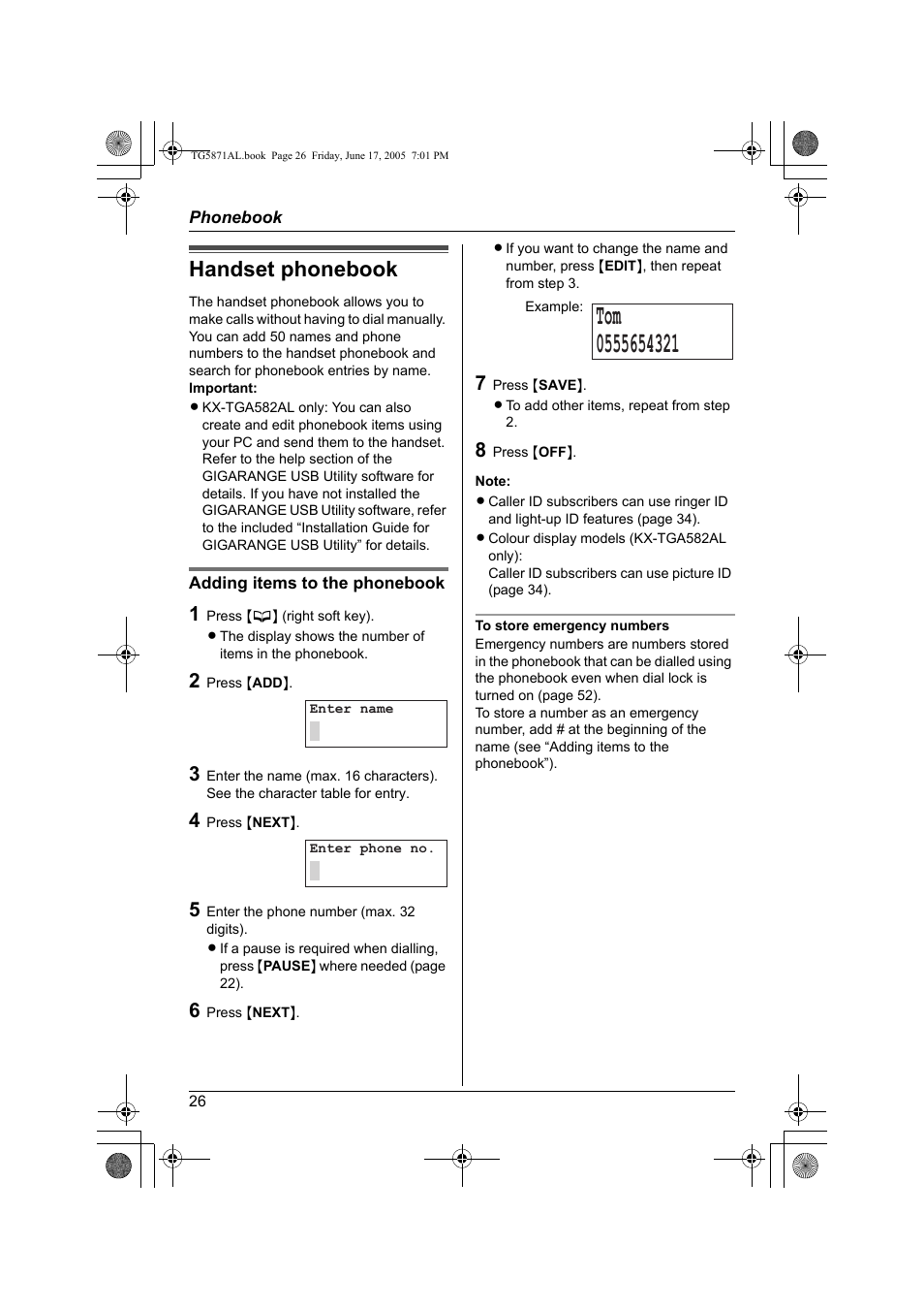 Handset phonebook | Panasonic KX-TG5871AL User Manual | Page 26 / 88