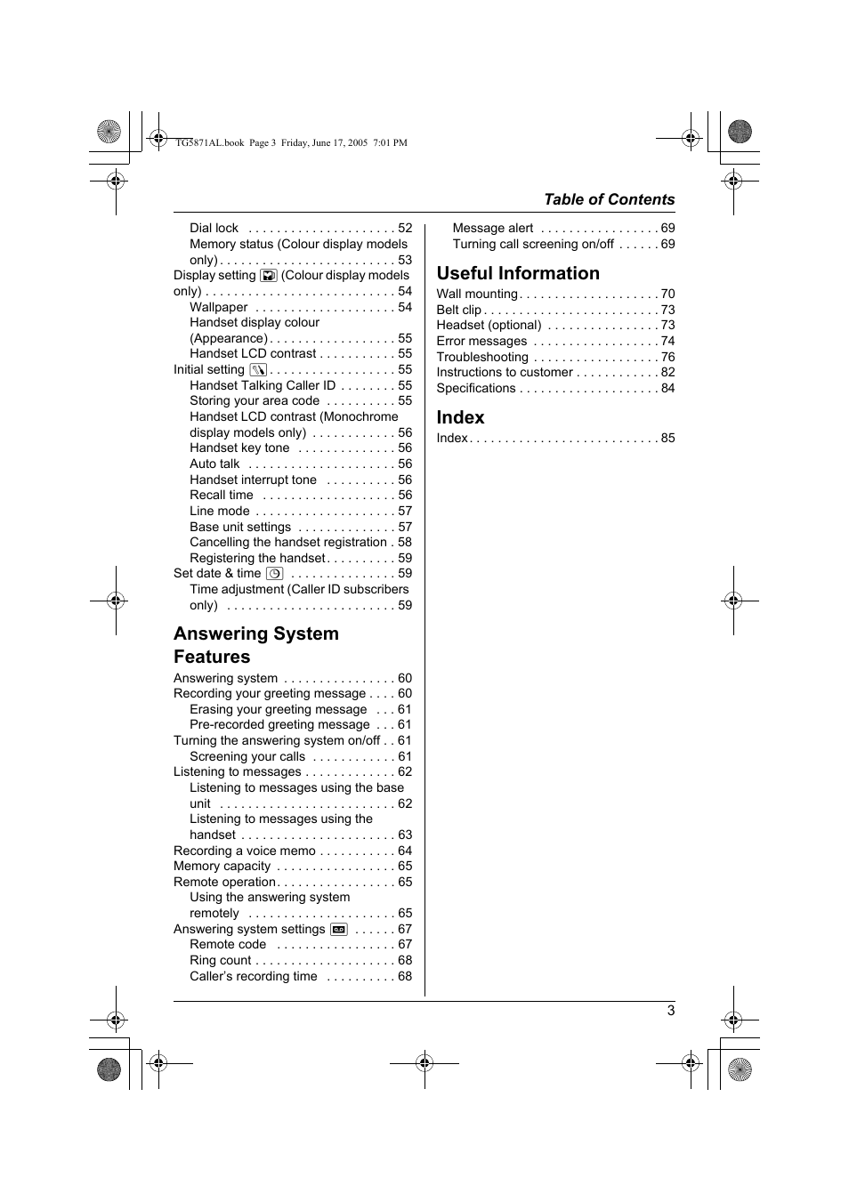 Answering system features, Useful information, Index | Panasonic KX-TG5871AL User Manual | Page 3 / 88