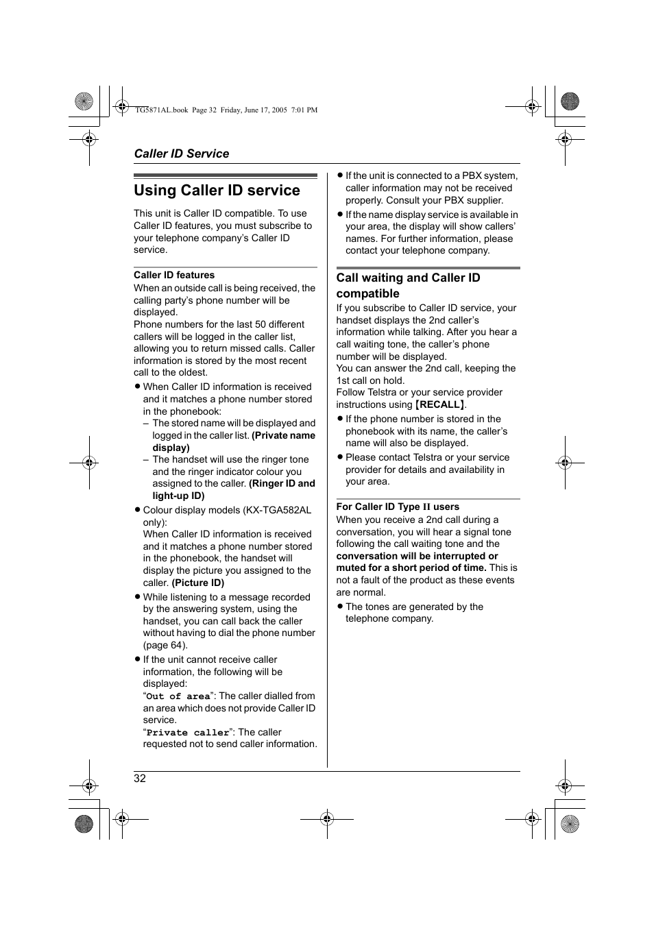 Using caller id service | Panasonic KX-TG5871AL User Manual | Page 32 / 88