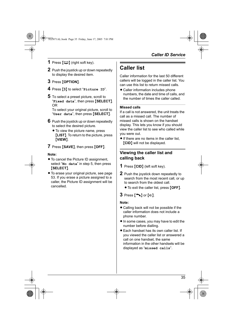 Caller list | Panasonic KX-TG5871AL User Manual | Page 35 / 88