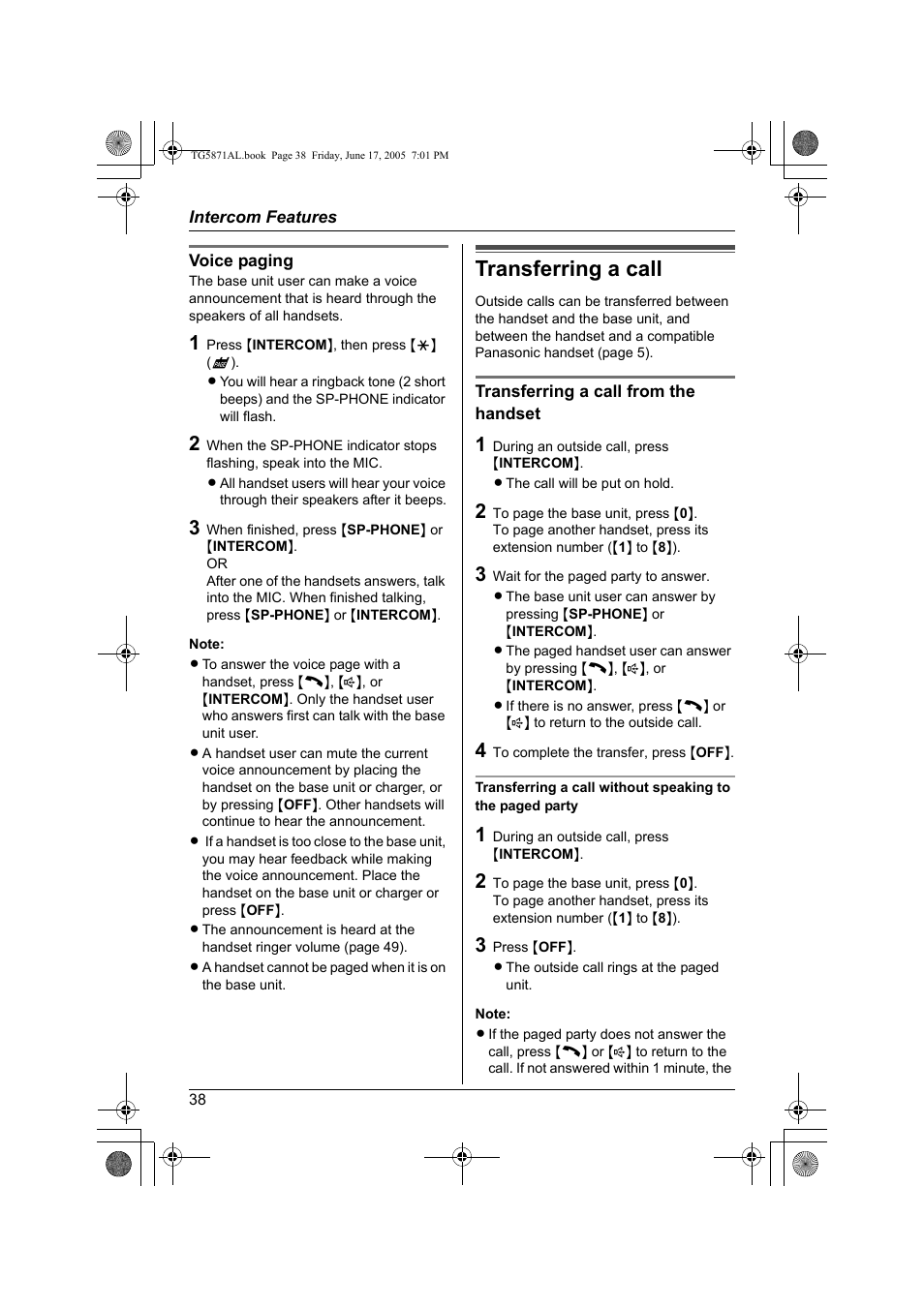 Transferring a call | Panasonic KX-TG5871AL User Manual | Page 38 / 88