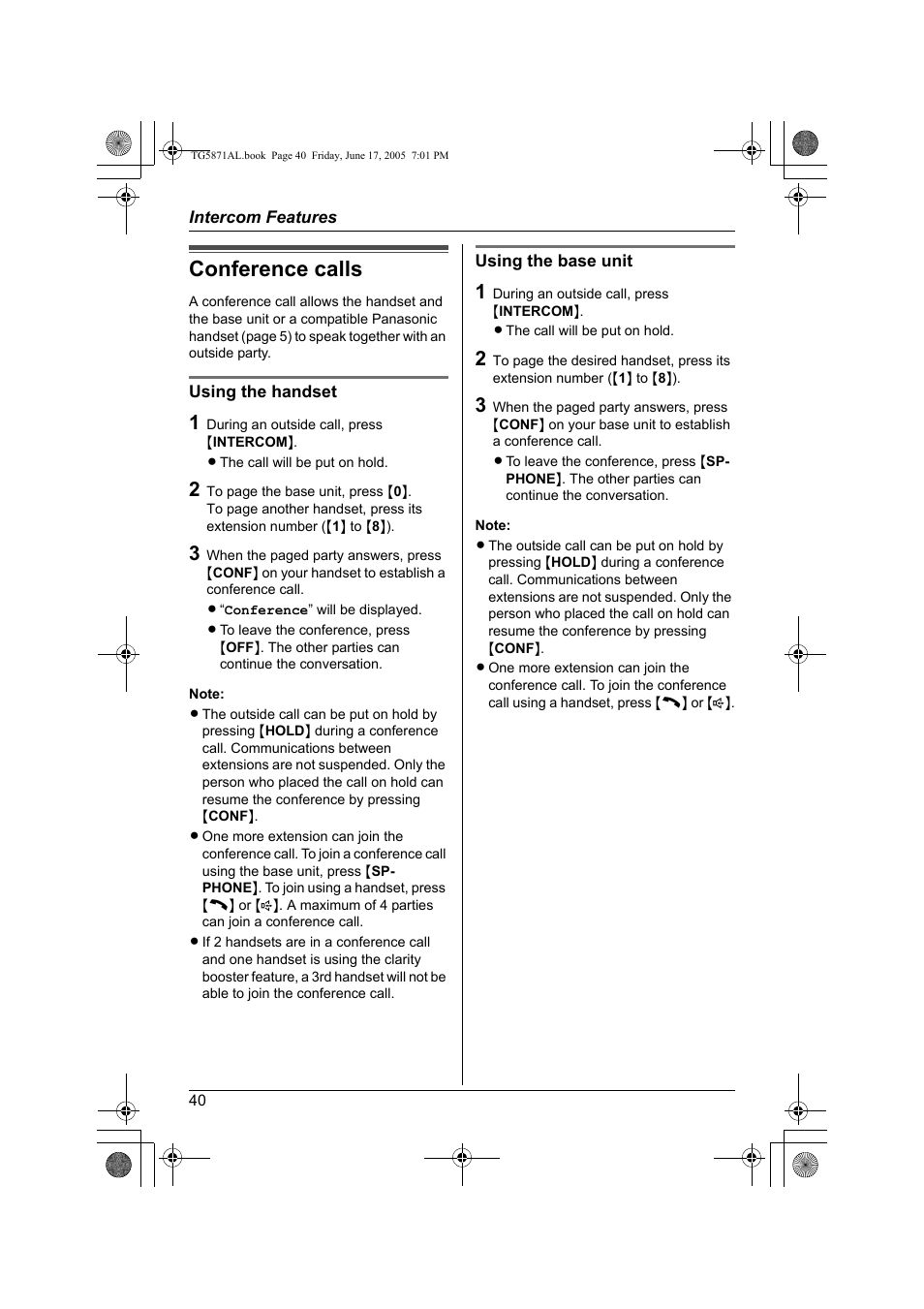 Conference calls | Panasonic KX-TG5871AL User Manual | Page 40 / 88