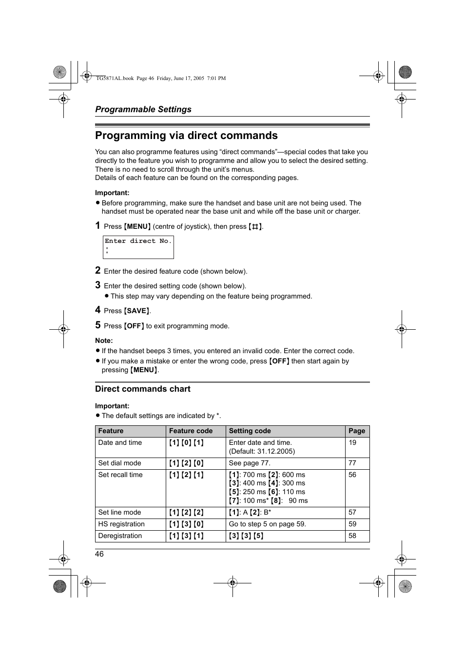 Programming via direct commands | Panasonic KX-TG5871AL User Manual | Page 46 / 88