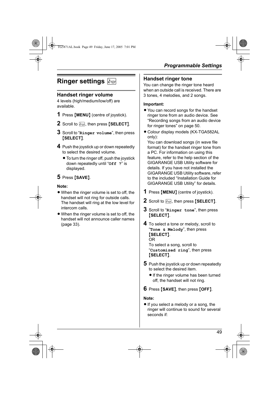 Ringer settings k | Panasonic KX-TG5871AL User Manual | Page 49 / 88