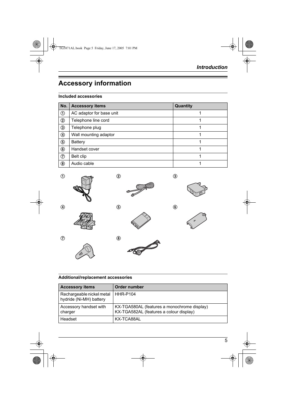 Accessory information | Panasonic KX-TG5871AL User Manual | Page 5 / 88