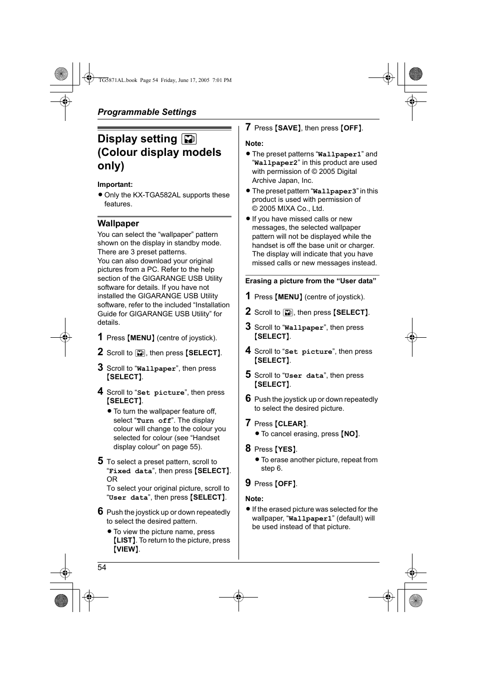 Display setting l (colour display models only) | Panasonic KX-TG5871AL User Manual | Page 54 / 88