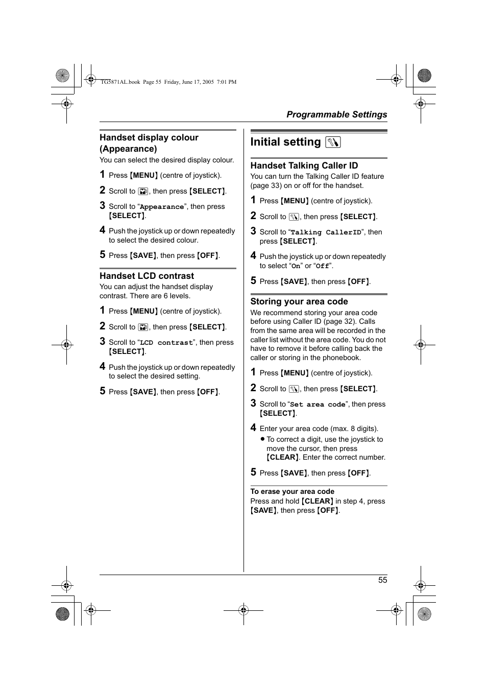 Initial setting n | Panasonic KX-TG5871AL User Manual | Page 55 / 88