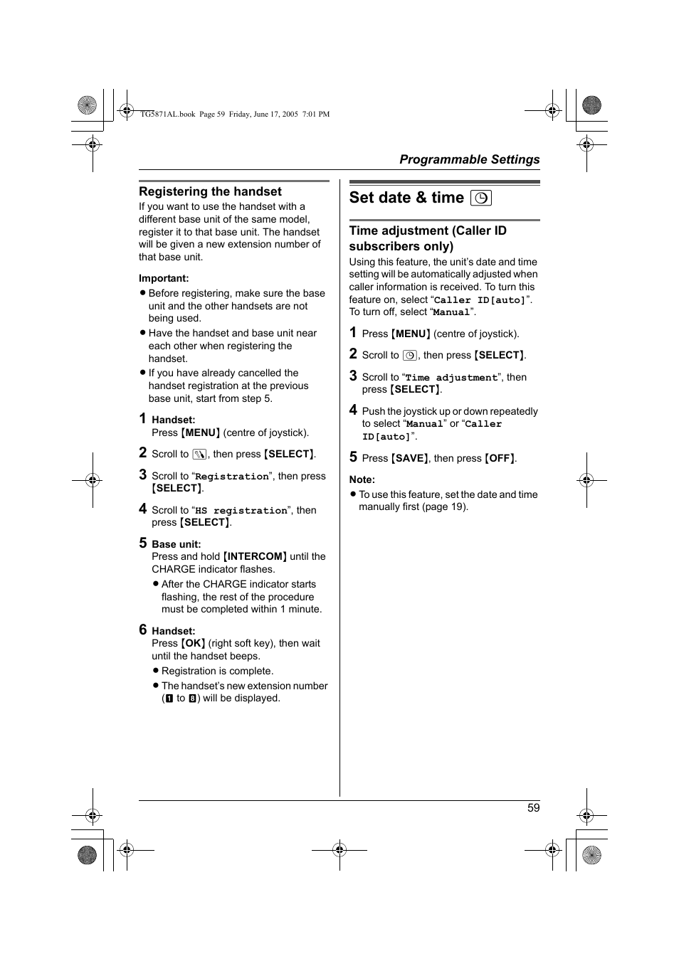 Set date & time o | Panasonic KX-TG5871AL User Manual | Page 59 / 88