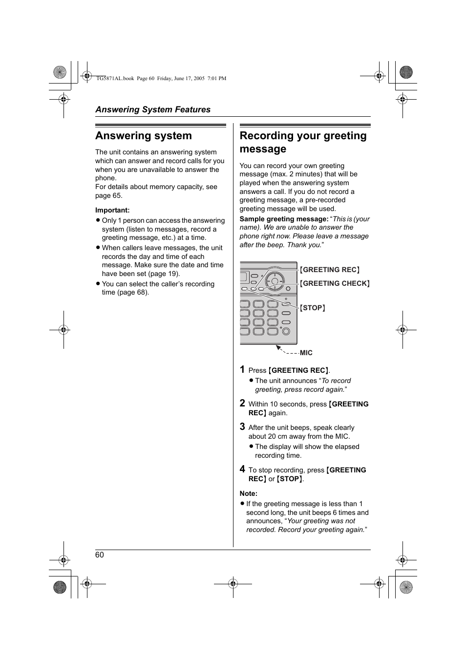 Answering system, Recording your greeting message | Panasonic KX-TG5871AL User Manual | Page 60 / 88
