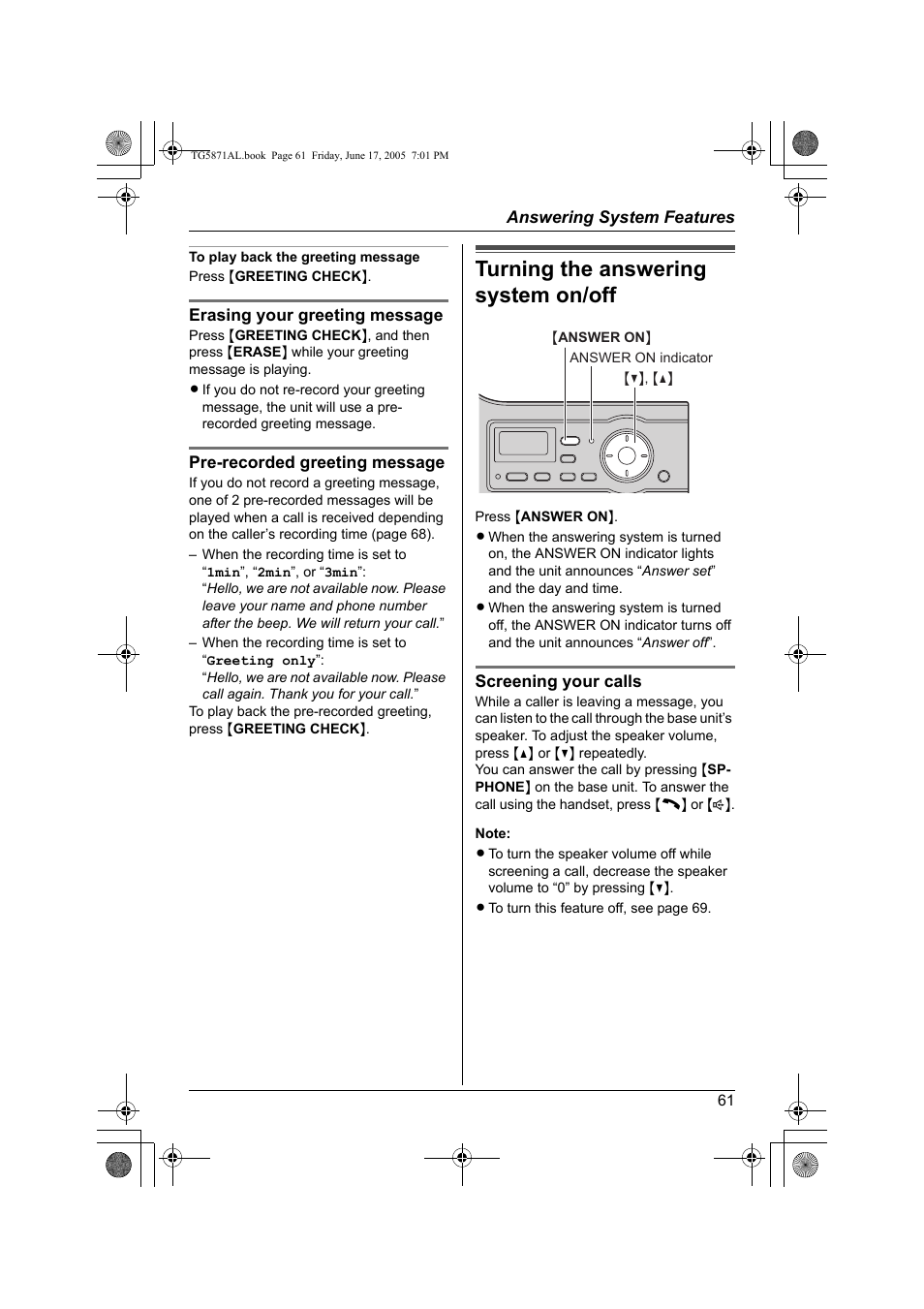 Turning the answering system on/off | Panasonic KX-TG5871AL User Manual | Page 61 / 88