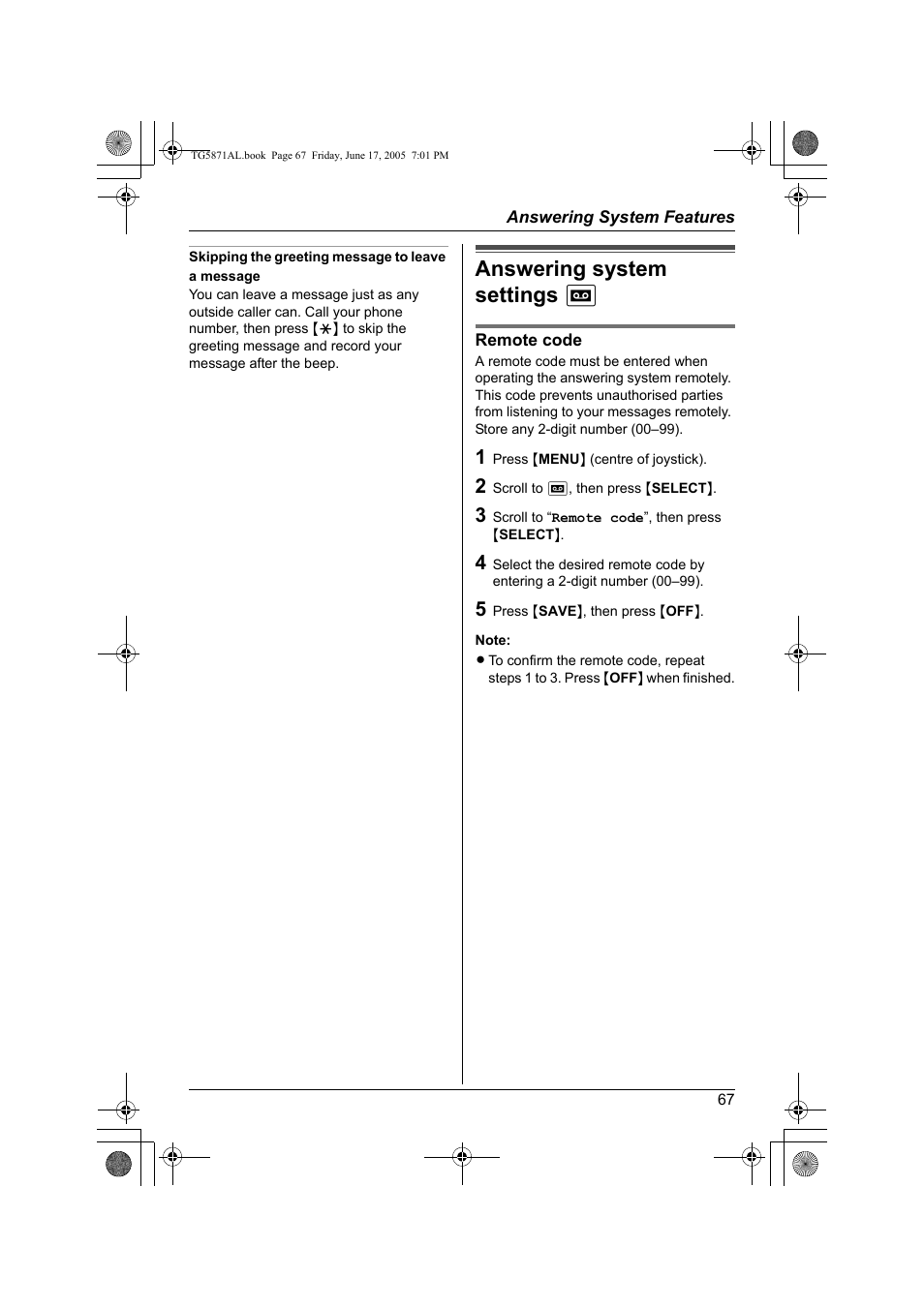 Answering system settings j | Panasonic KX-TG5871AL User Manual | Page 67 / 88