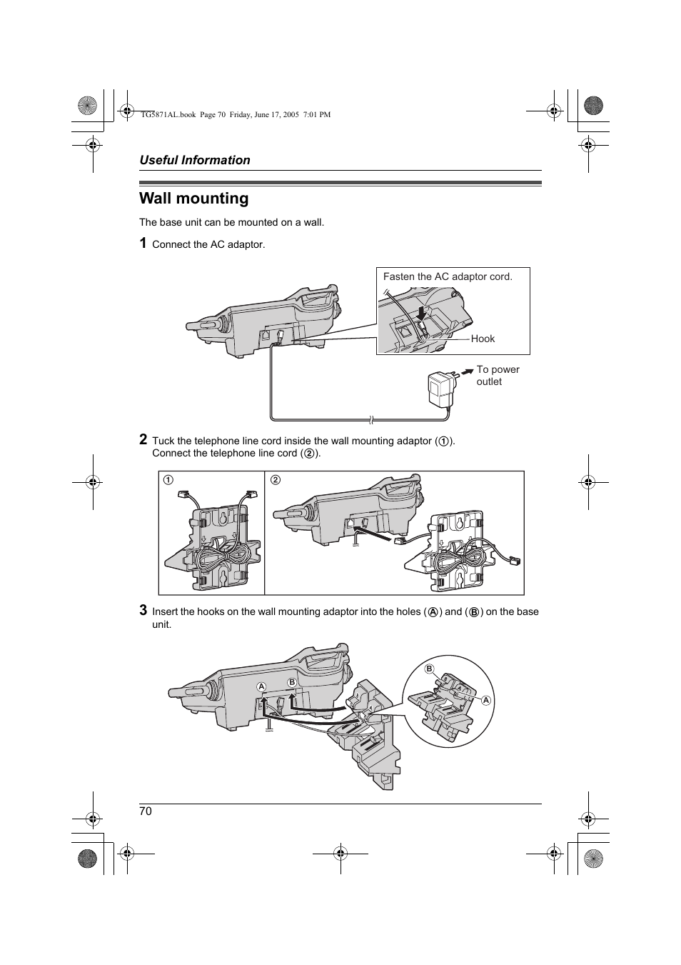 Wall mounting | Panasonic KX-TG5871AL User Manual | Page 70 / 88