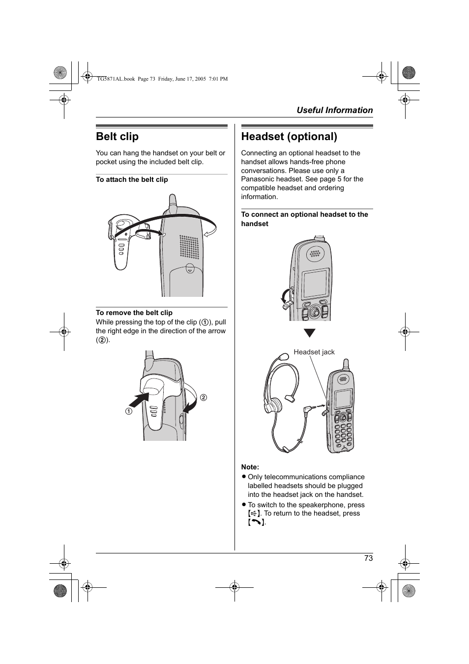 Belt clip, Headset (optional) | Panasonic KX-TG5871AL User Manual | Page 73 / 88