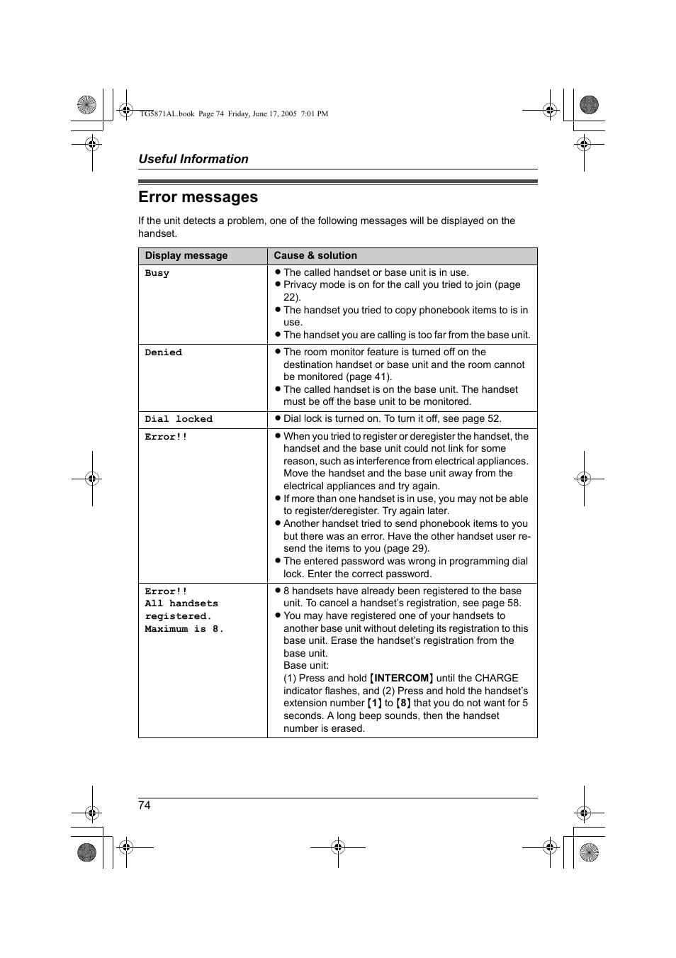Error messages | Panasonic KX-TG5871AL User Manual | Page 74 / 88
