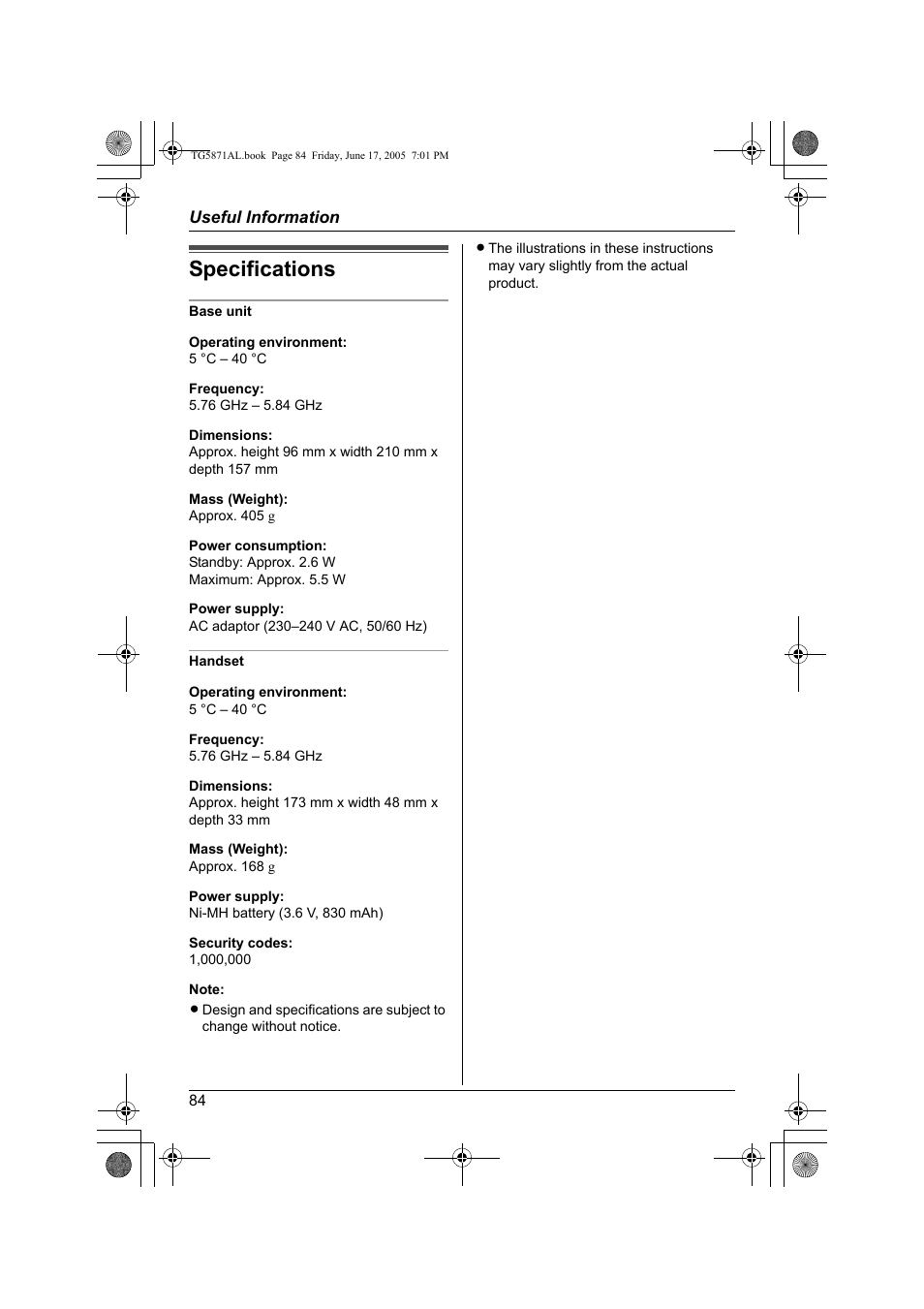 Specifications | Panasonic KX-TG5871AL User Manual | Page 84 / 88