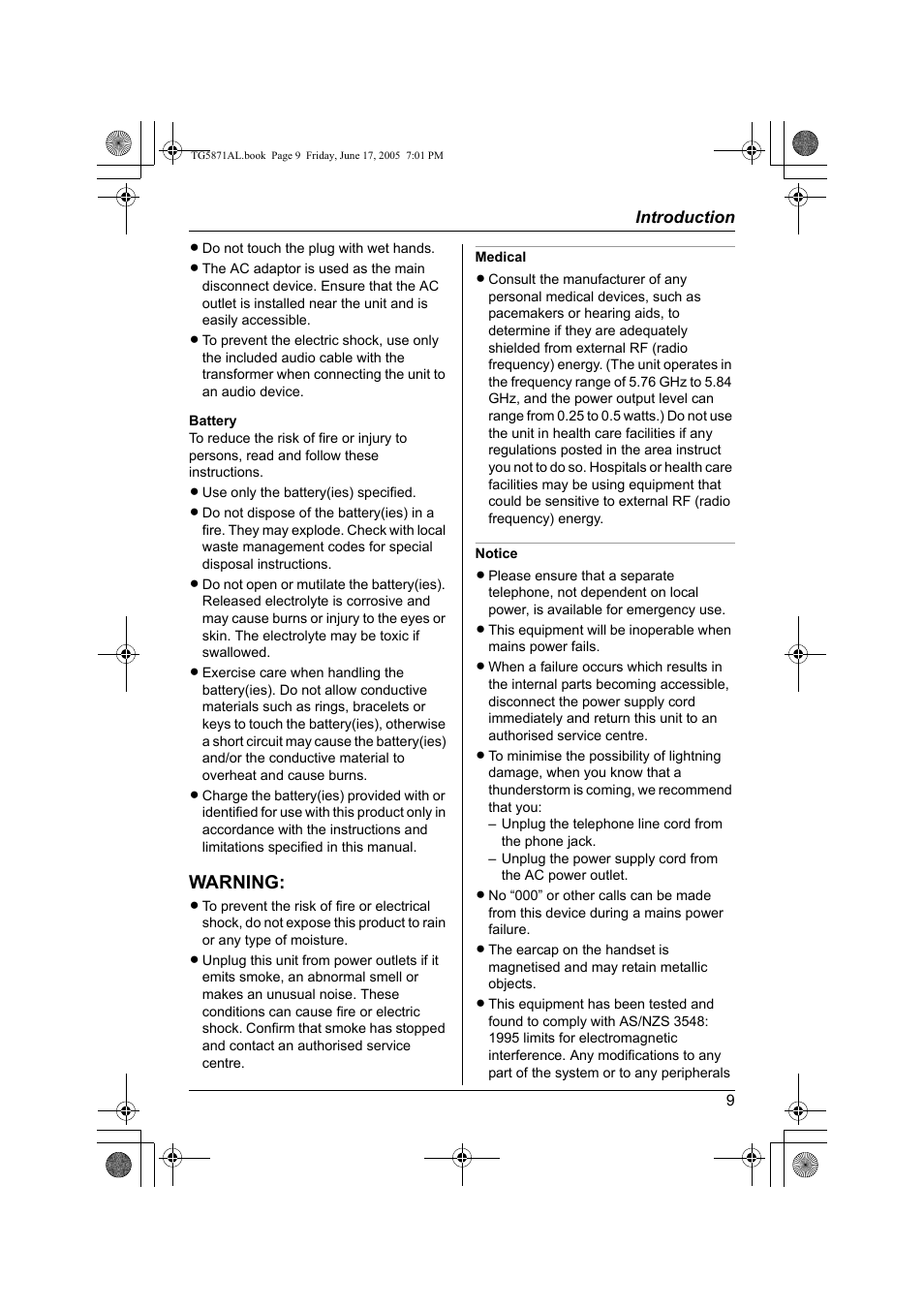 Warning | Panasonic KX-TG5871AL User Manual | Page 9 / 88