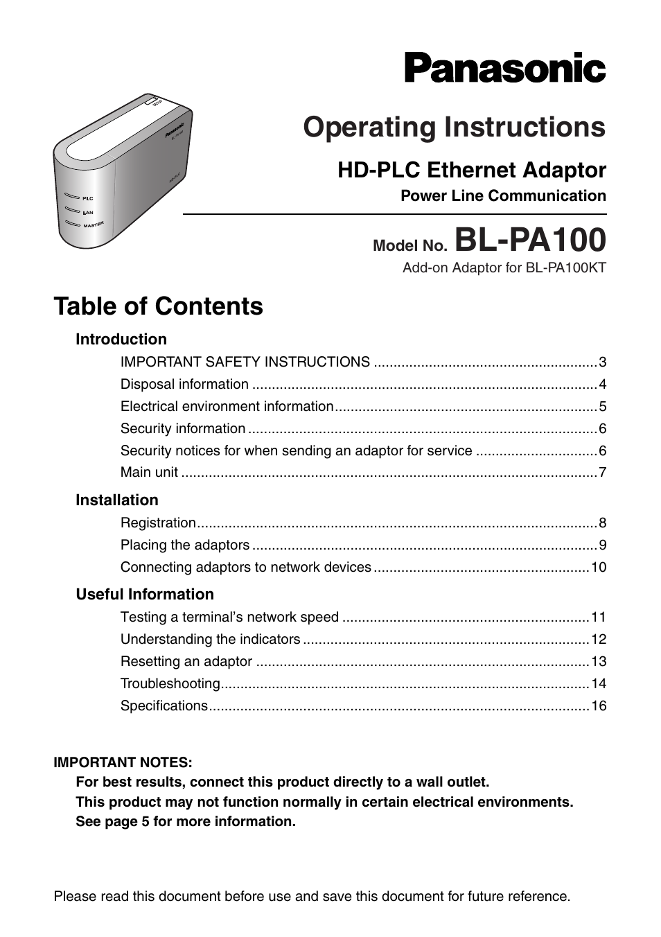 Panasonic BL-PA100 User Manual | 20 pages