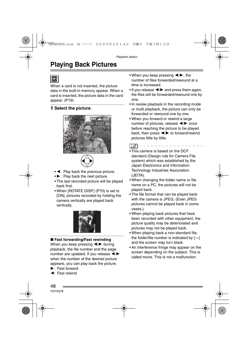 Playing back pictures | Panasonic DMC-LS1GN User Manual | Page 48 / 104