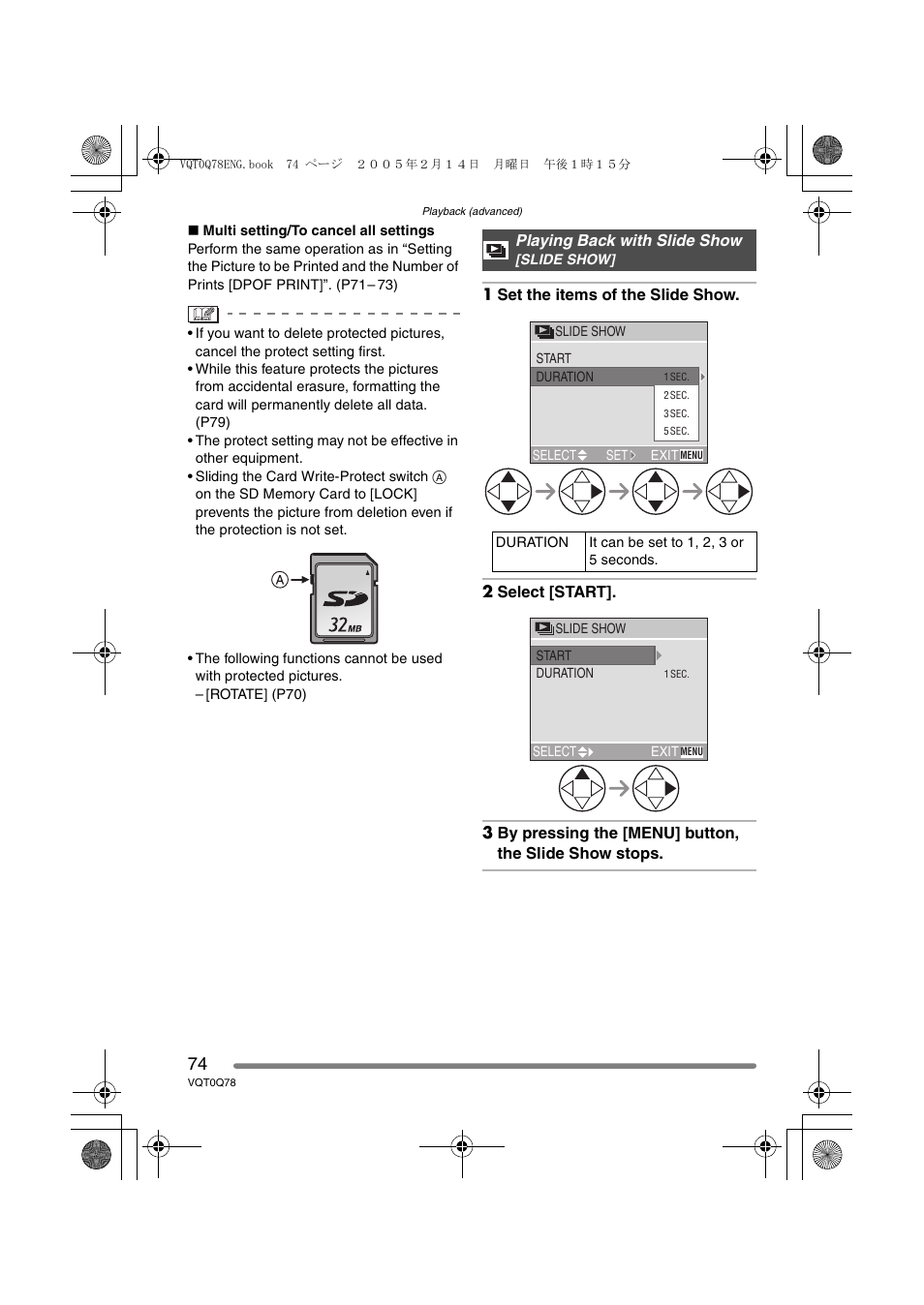 Playing back with slide show | Panasonic DMC-LS1GN User Manual | Page 74 / 104