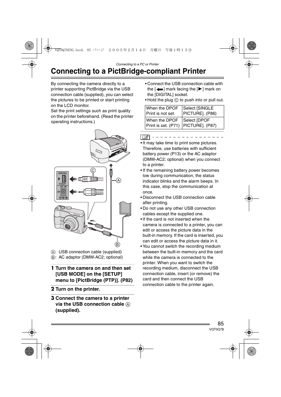 Connecting to a pictbridge-compliant printer | Panasonic DMC-LS1GN User Manual | Page 85 / 104