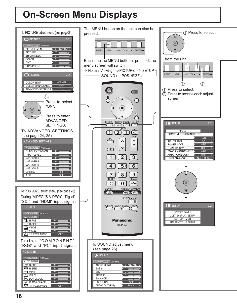 On-screen menu displays, Normal viewing picture setup sound pos. /size, Press to select | Press to access each adjust screen | Panasonic TH-50PF9UK User Manual | Page 16 / 48