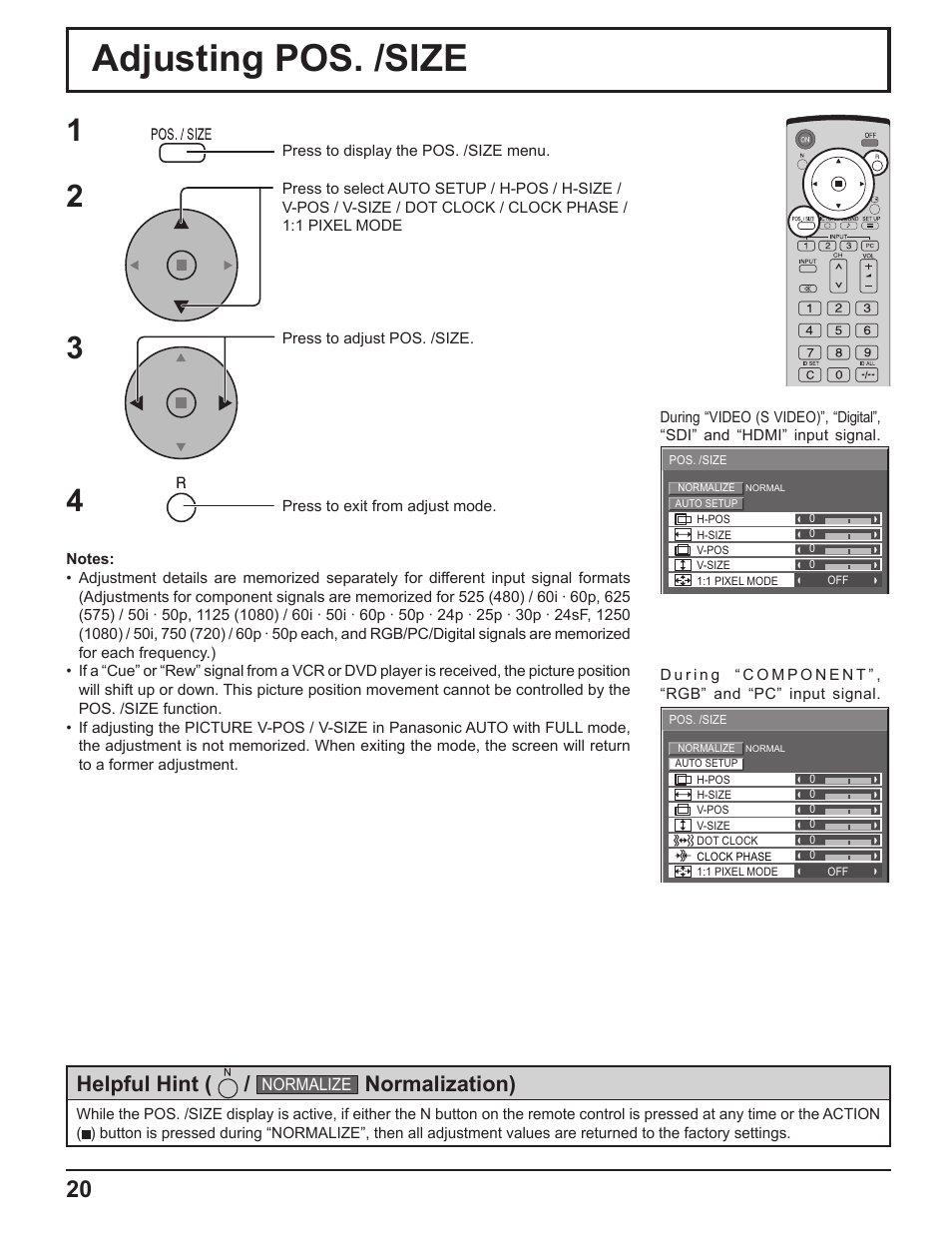 Adjusting pos. /size, Helpful hint, Normalization) | Panasonic TH-50PF9UK User Manual | Page 20 / 48