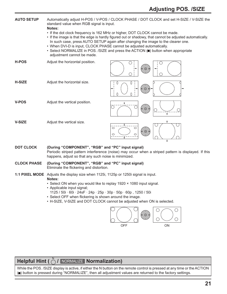 21 adjusting pos. /size, Helpful hint, Normalization) | Panasonic TH-50PF9UK User Manual | Page 21 / 48