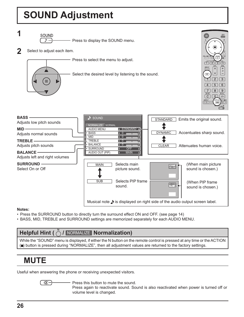 Sound adjustment, Mute, Helpful hint | Normalization) | Panasonic TH-50PF9UK User Manual | Page 26 / 48