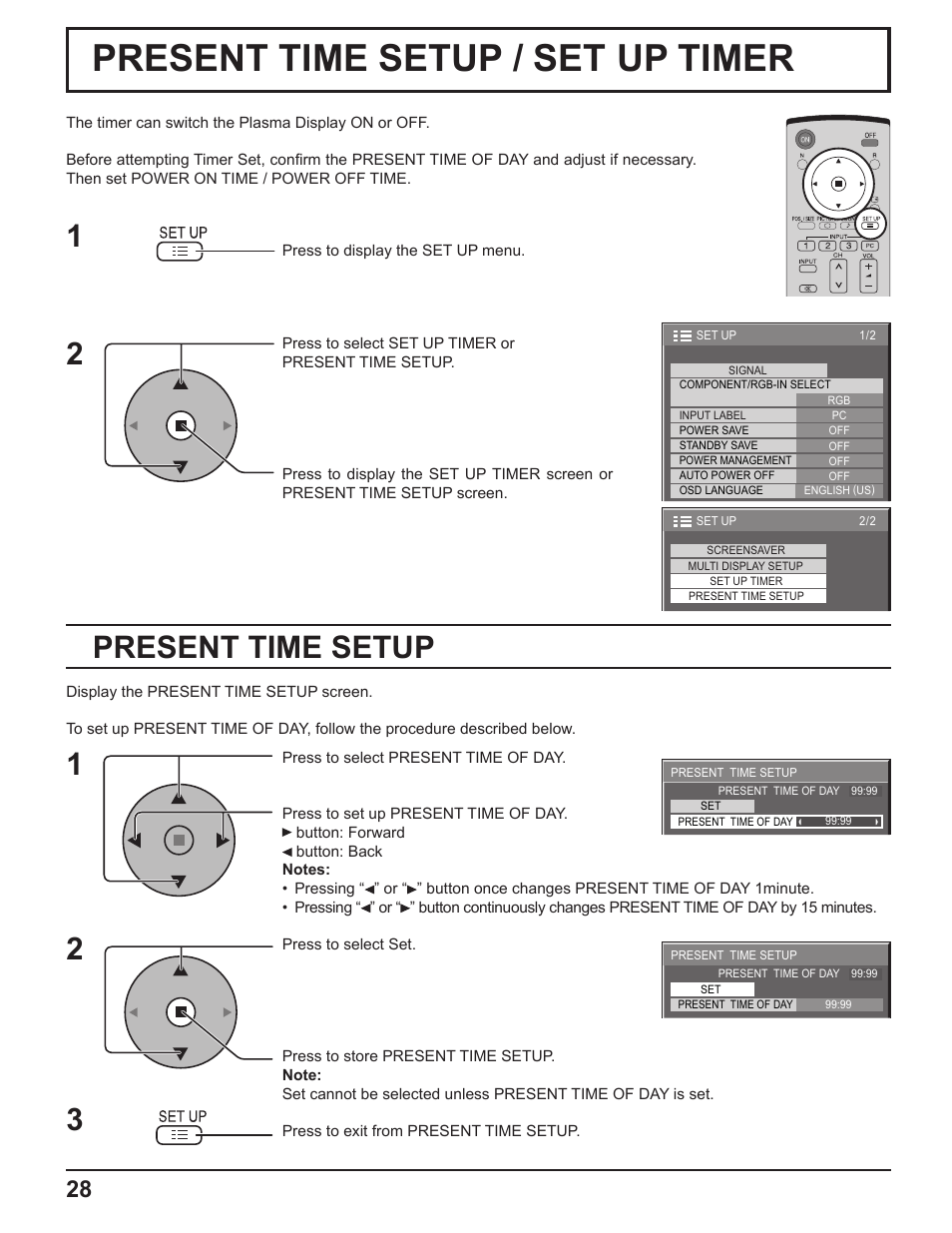 Present time setup / set up timer, Present time setup | Panasonic TH-50PF9UK User Manual | Page 28 / 48