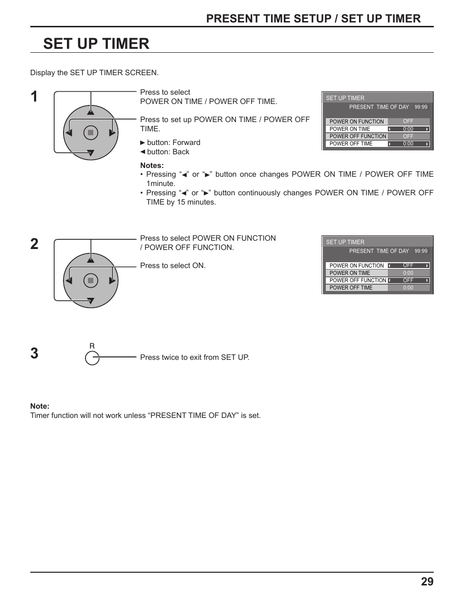 Set up timer, Present time setup / set up timer | Panasonic TH-50PF9UK User Manual | Page 29 / 48