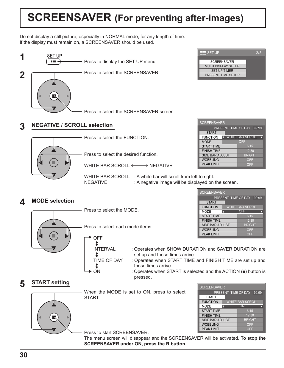 Screensaver, For preventing after-images), Negative / scroll selection | Mode selection start setting | Panasonic TH-50PF9UK User Manual | Page 30 / 48
