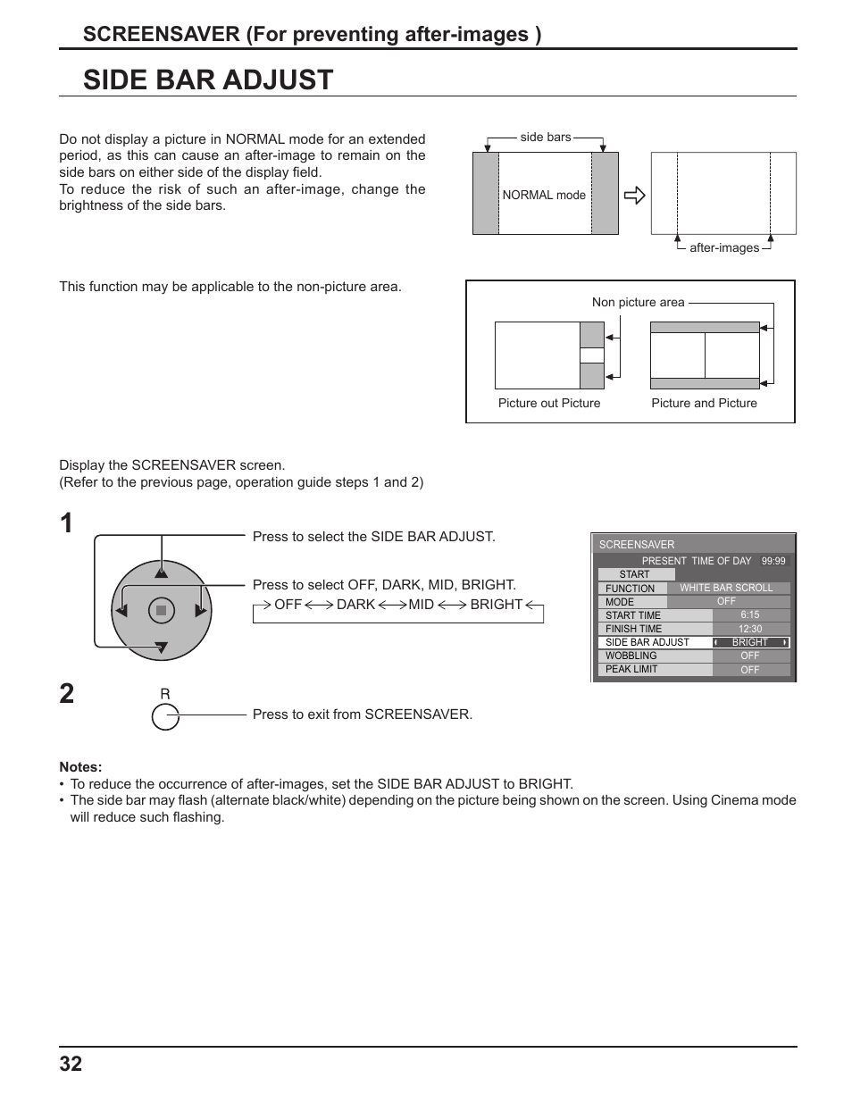 Side bar adjust 1, Screensaver (for preventing after-images ) | Panasonic TH-50PF9UK User Manual | Page 32 / 48