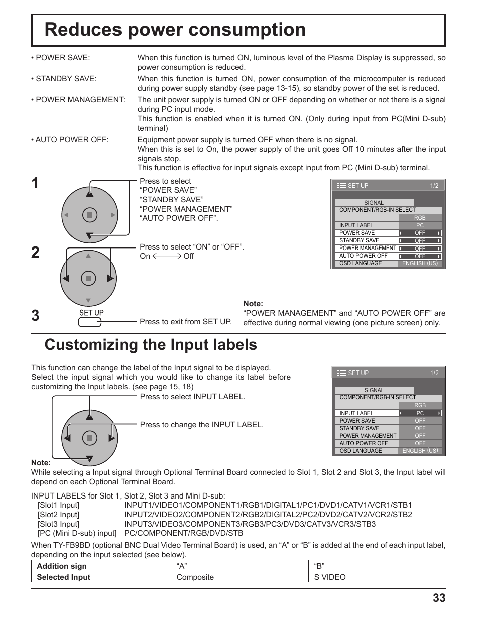 Reduces power consumption, Customizing the input labels | Panasonic TH-50PF9UK User Manual | Page 33 / 48