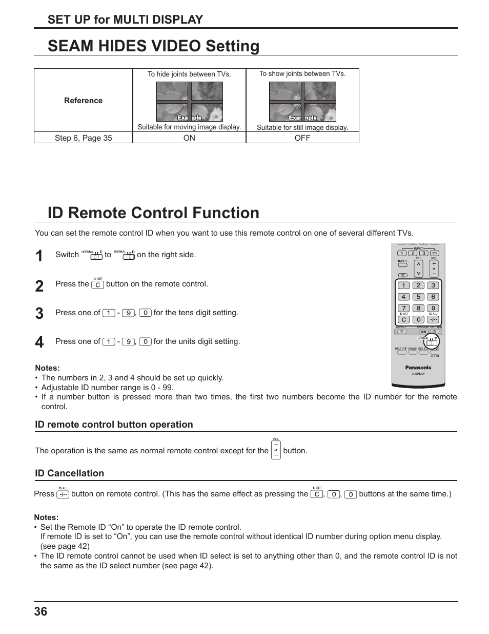 Id remote control function, Seam hides video setting, 36 set up for multi display | Panasonic TH-50PF9UK User Manual | Page 36 / 48