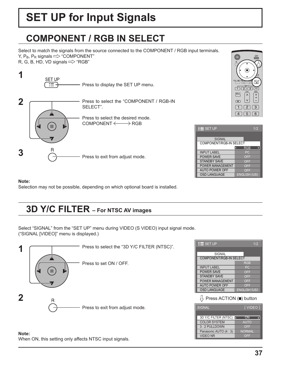 Set up for input signals, 3d y/c filter, Component / rgb in select | For ntsc av images | Panasonic TH-50PF9UK User Manual | Page 37 / 48