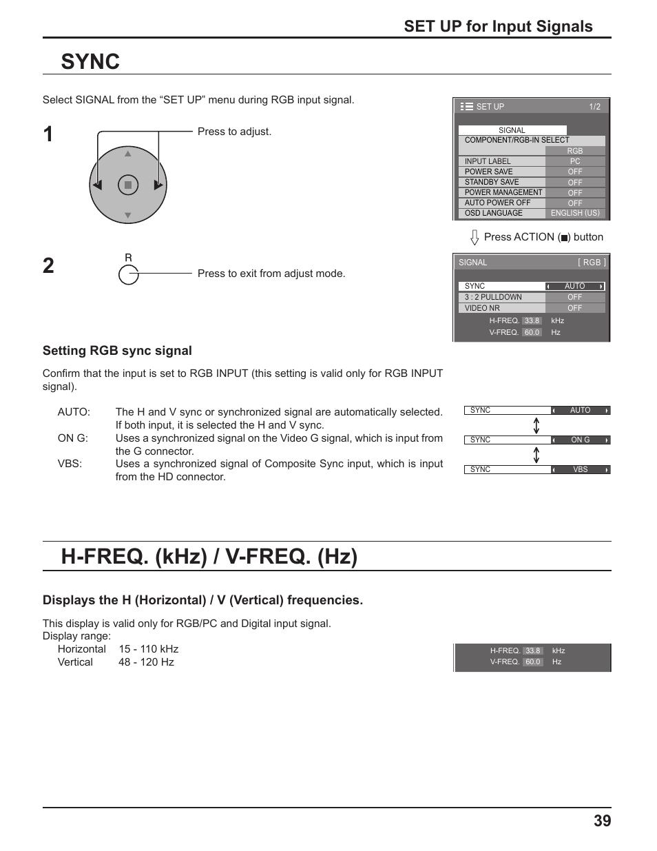 Sync, H-freq. (khz) / v-freq. (hz), 39 set up for input signals | Setting rgb sync signal | Panasonic TH-50PF9UK User Manual | Page 39 / 48