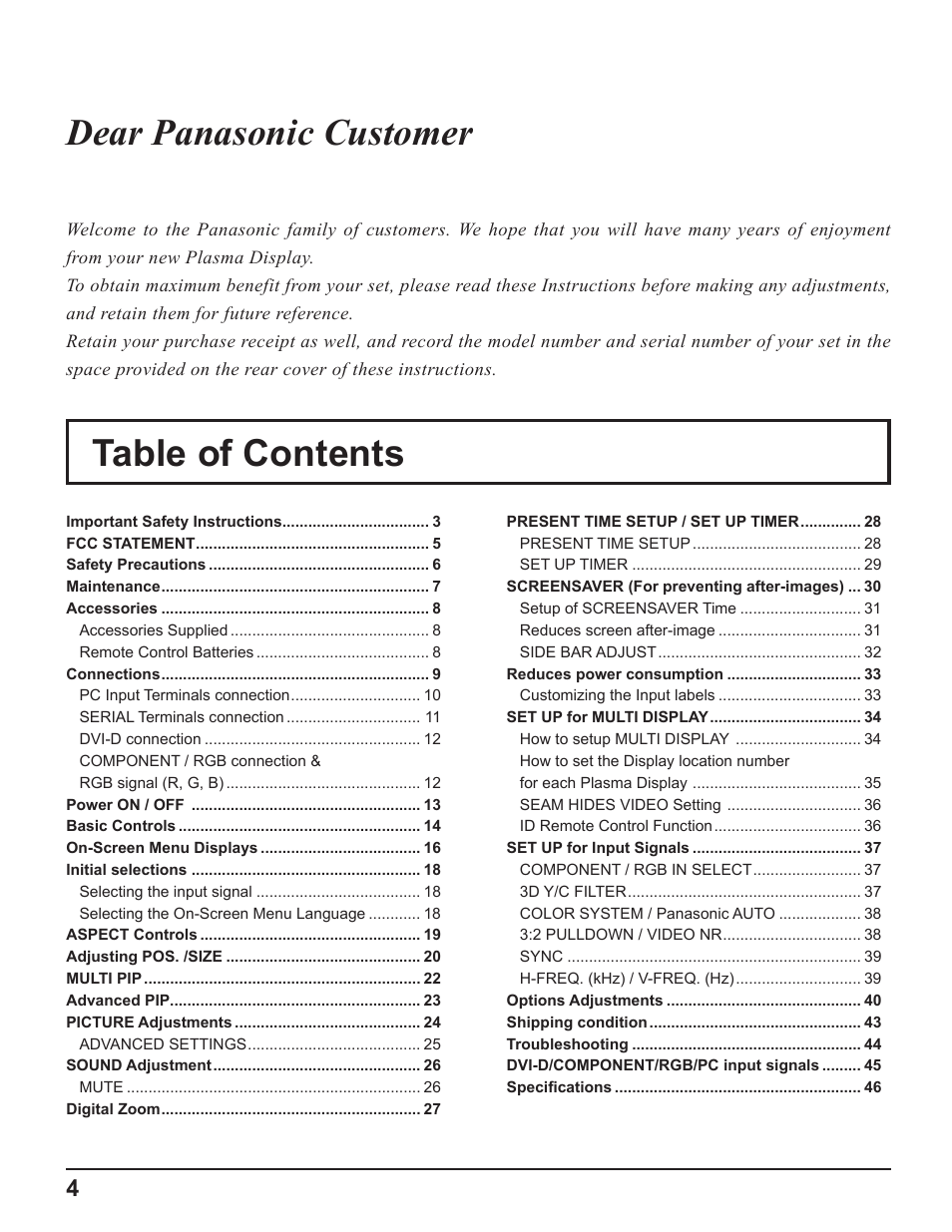 Table of contents dear panasonic customer | Panasonic TH-50PF9UK User Manual | Page 4 / 48