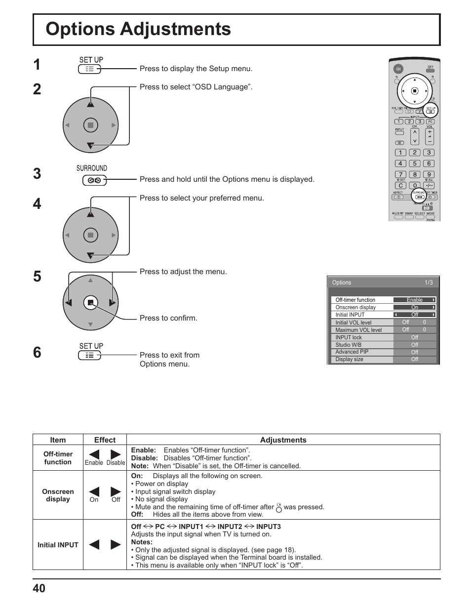 Options adjustments | Panasonic TH-50PF9UK User Manual | Page 40 / 48