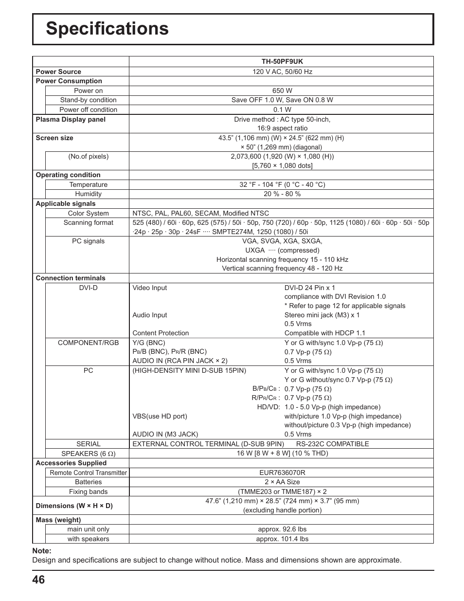 Specifi cations | Panasonic TH-50PF9UK User Manual | Page 46 / 48