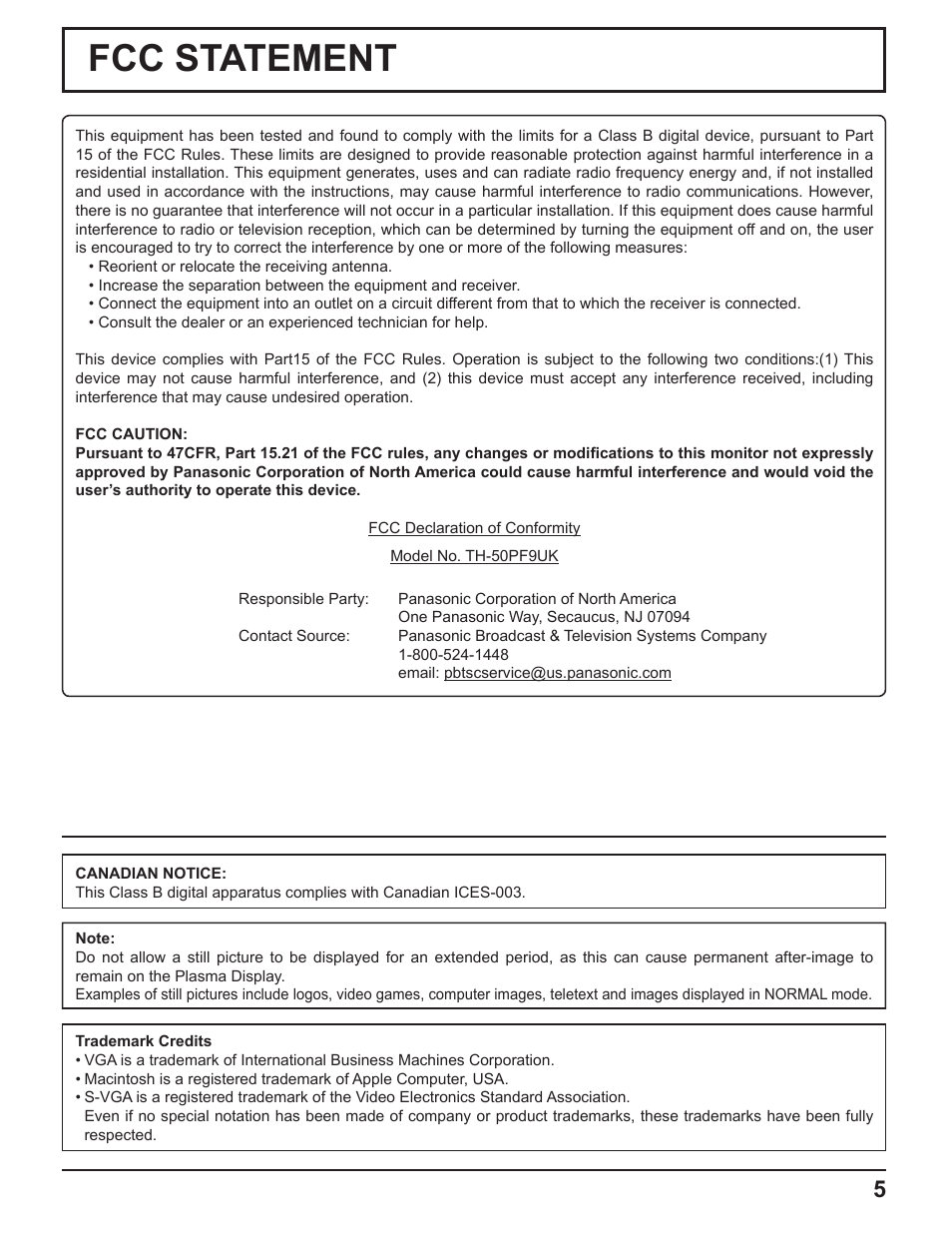 Fcc statement | Panasonic TH-50PF9UK User Manual | Page 5 / 48
