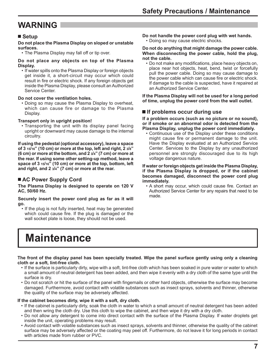 Maintenance, Warning, 7safety precautions / maintenance | Panasonic TH-50PF9UK User Manual | Page 7 / 48
