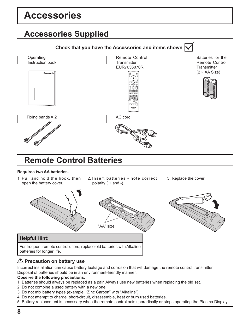 Accessories, Accessories supplied, Remote control batteries | Panasonic TH-50PF9UK User Manual | Page 8 / 48