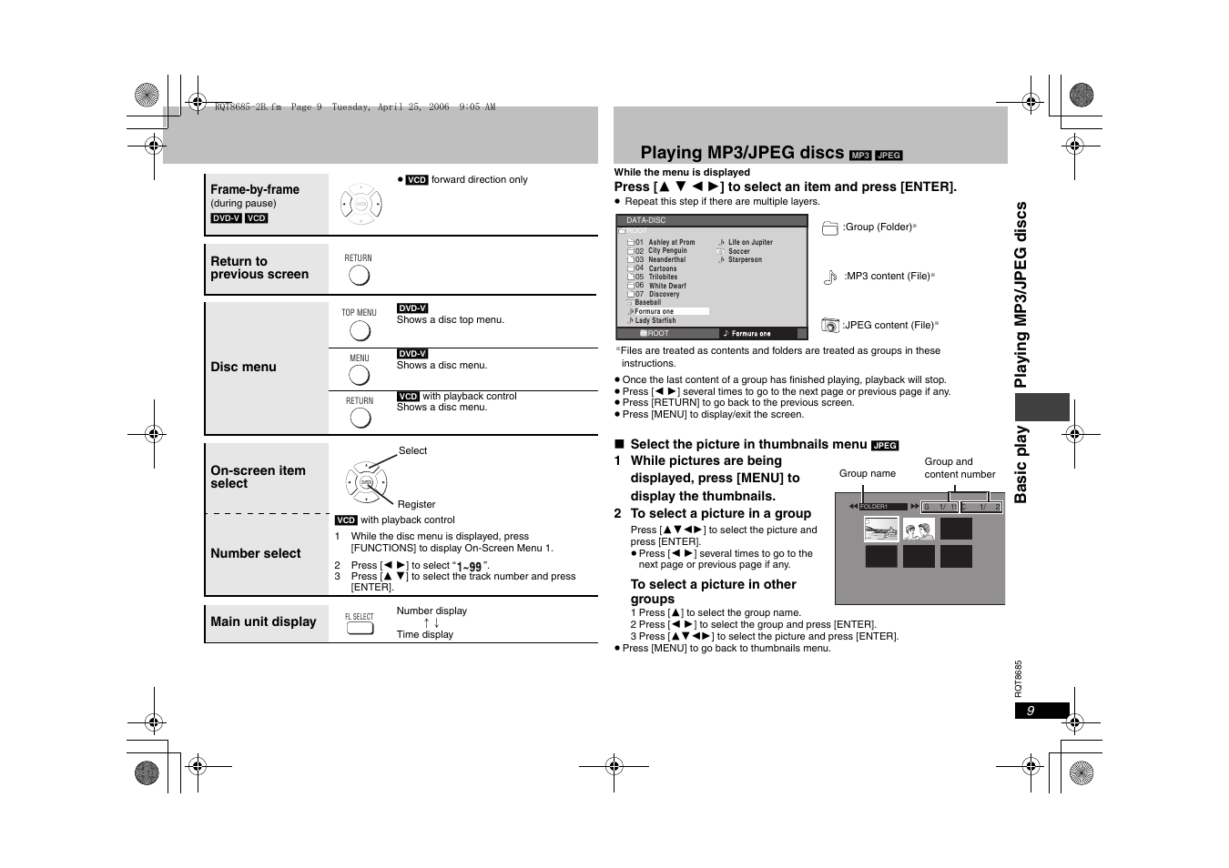 Playing mp3/jpeg discs, Ba sic pla y pla y in g mp3/j p eg discs | Panasonic DVD-K32 User Manual | Page 9 / 20