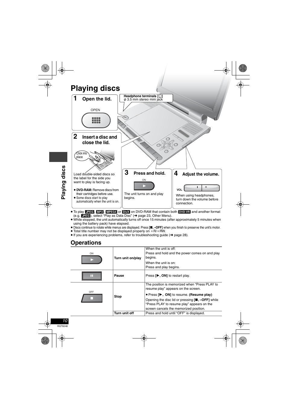 Playing discs, 1 open the lid, 2 insert a disc and close the lid | 3 press and hold, Operations, Pla y ing di scs | Panasonic DVD-LS91 User Manual | Page 10 / 32