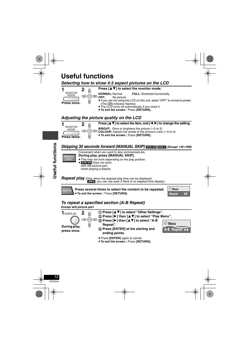 Useful functions, Except still picture part, Usef ul f uncti ons | Panasonic DVD-LS91 User Manual | Page 12 / 32
