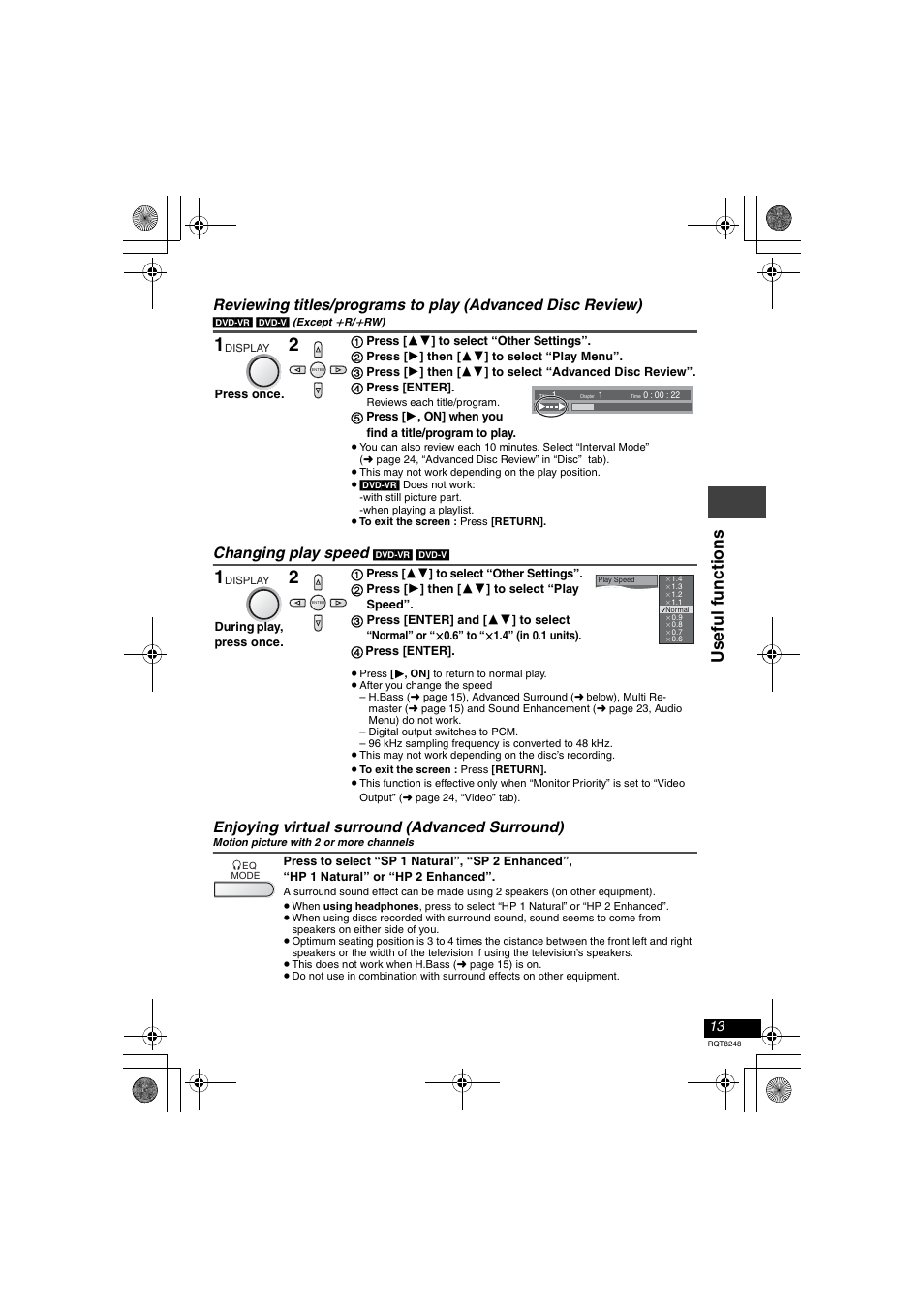 Usef ul f uncti ons, Changing play speed, Enjoying virtual surround (advanced surround) | Panasonic DVD-LS91 User Manual | Page 13 / 32