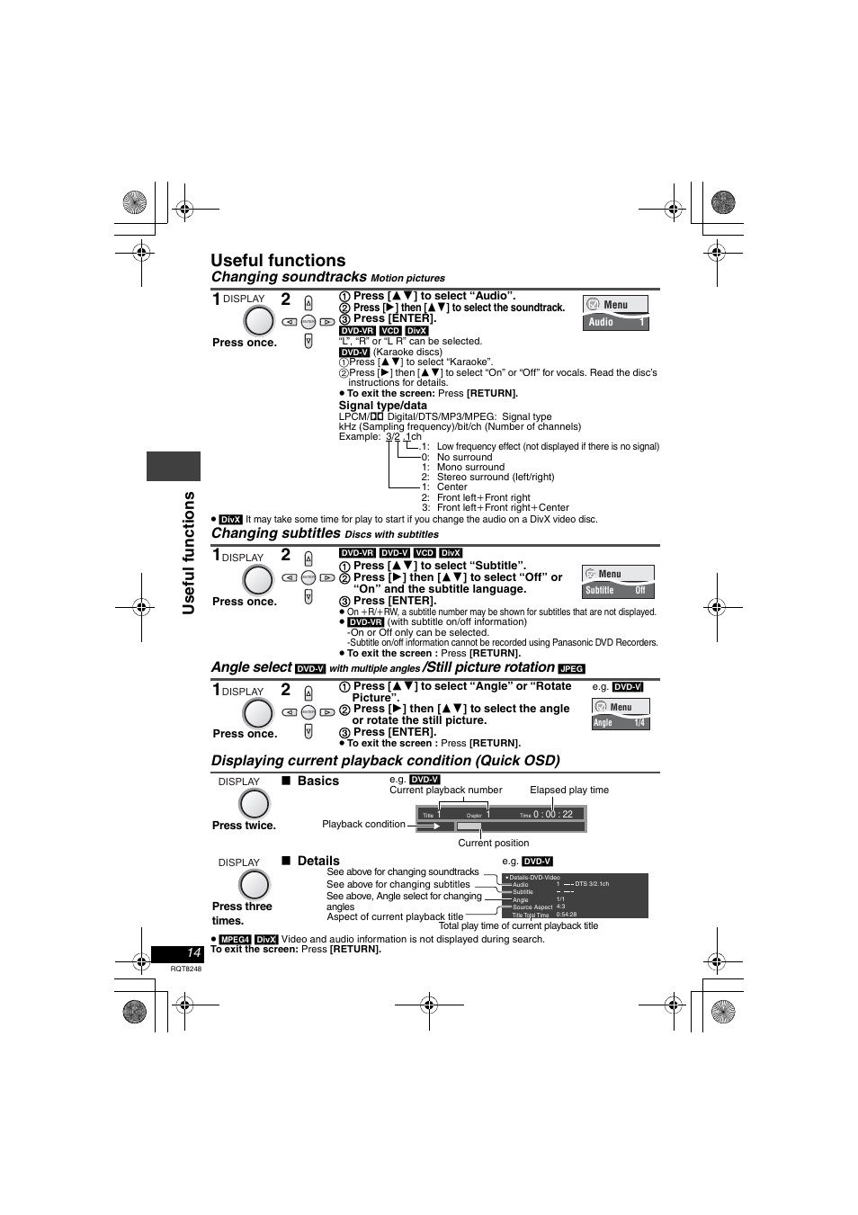 Useful functions, Displaying current playback condition (quick osd), Usef ul f uncti ons | Panasonic DVD-LS91 User Manual | Page 14 / 32