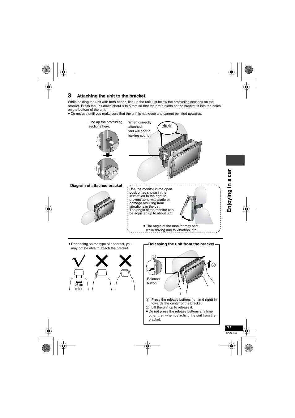 3 attaching the unit to the bracket, Enj o y ing in a car | Panasonic DVD-LS91 User Manual | Page 21 / 32